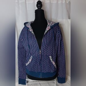 Billabong Womens Large Navy/Pink Geometric/Floral Waffle Knit Full Zip-Up Hoodie